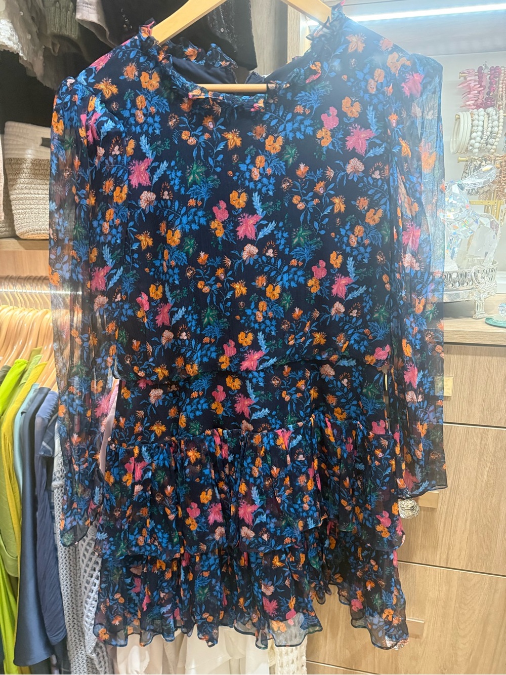 SALONI Navy Dress with Blue and Orange Floral Accents